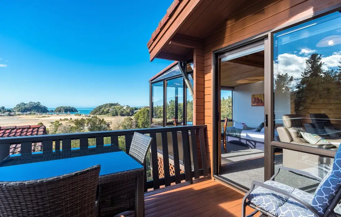 A balcony at Kimi Ora looking out over Kaiteriteri Beach.